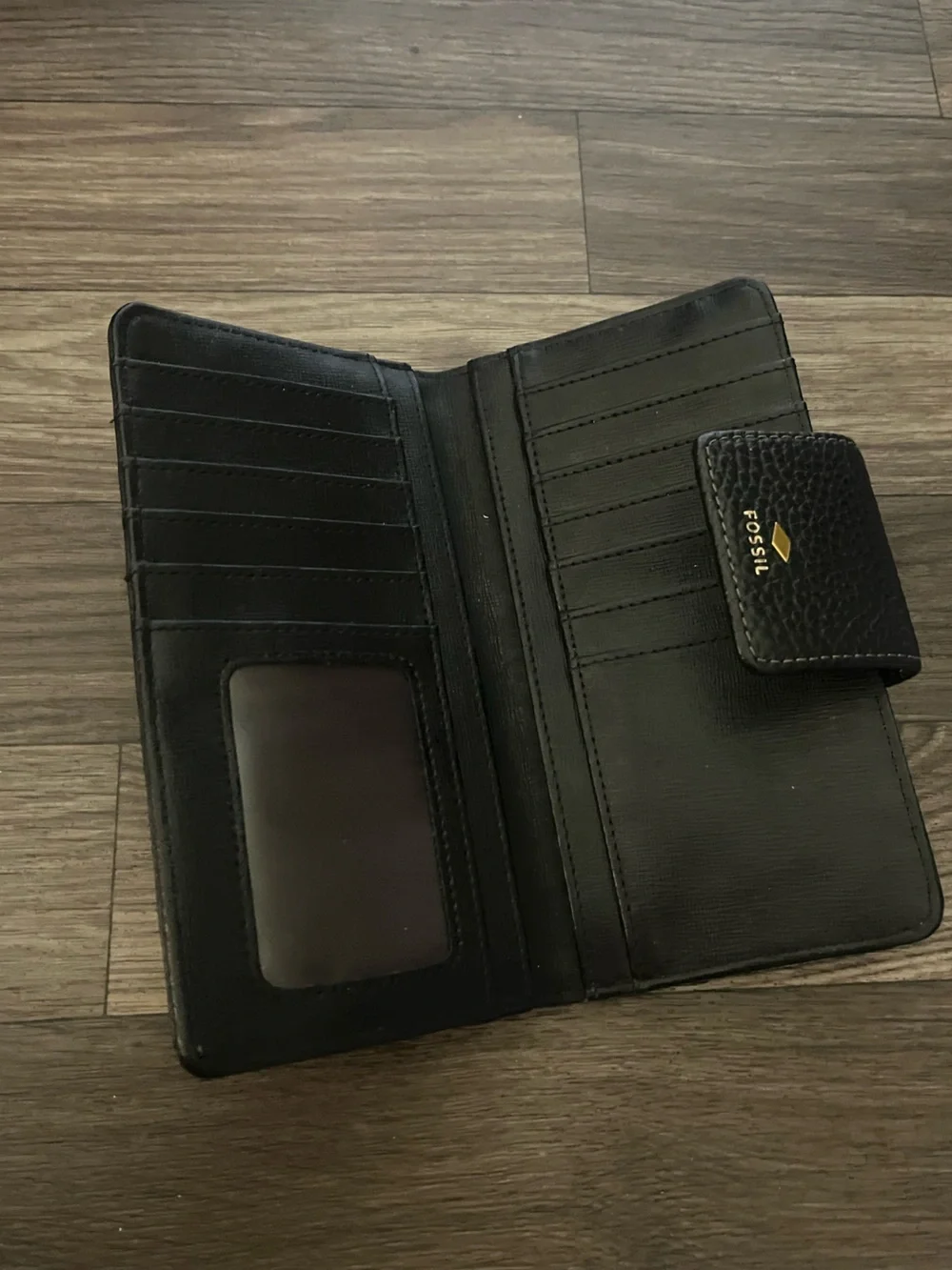 Fossil Black and Brown Leather Zip Wallet with Gold Logo